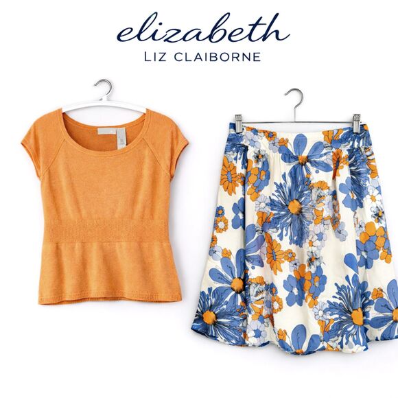 Liz Claiborne Dresses & Skirts - Liz Claiborne Silk Floral Skirt & Knit Top Set Coral Blue Chic Coastal Spring L